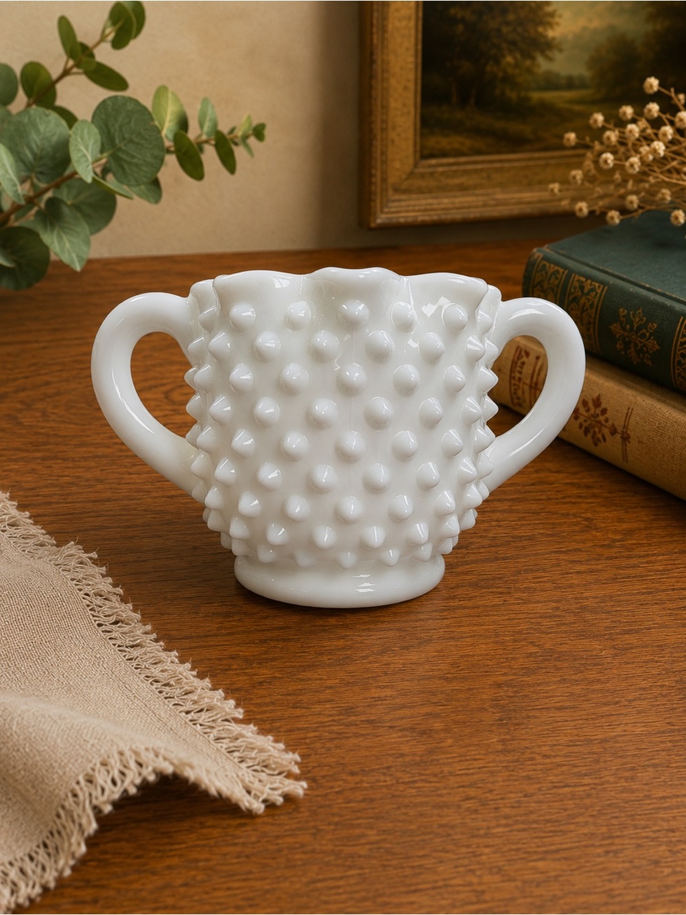 FENTON- White Hobnail Milk Glass Sugar Bowl